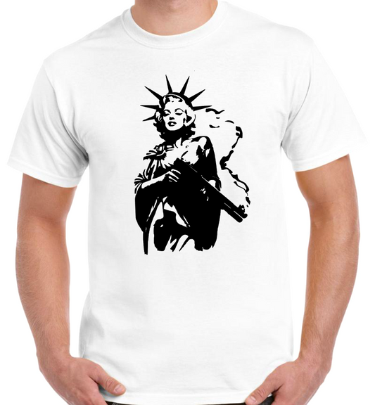 T-shirt MARYLINE MONROE AS A STATUE OF LIBERTY HOLDING AN AR15