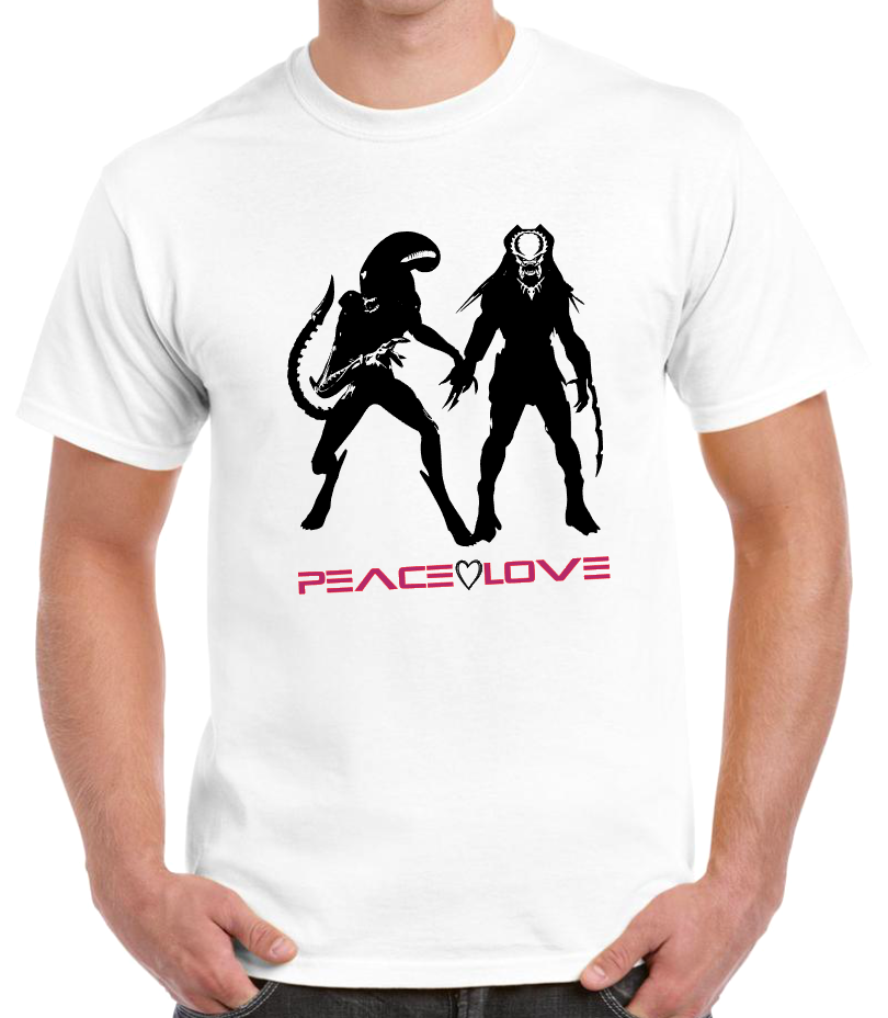 T-shirt avec ALIEN et PREDATOR, PEACE AND LOVE