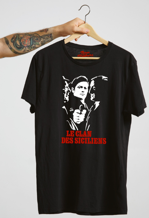 t-shirt avec alain delon, jean gabin, lino ventura, le clan des siciliens
