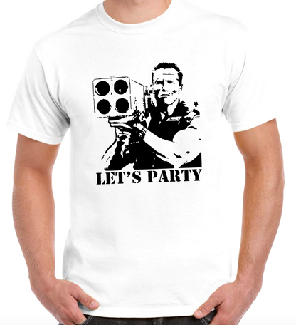 T-shirt with COMMANDO, ARNOLD SCHWARZENEGGER, LET'S PARTY